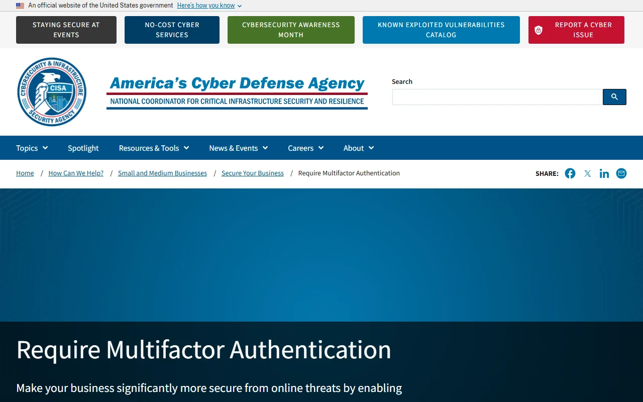 CISA کے Require Multifactor Authentication صفحے کا اصل ویب اسکرین شاٹ، جس میں MFA فعال کرکے online threats کے خلاف account security مضبوط کرنے کی ہدایت ہے