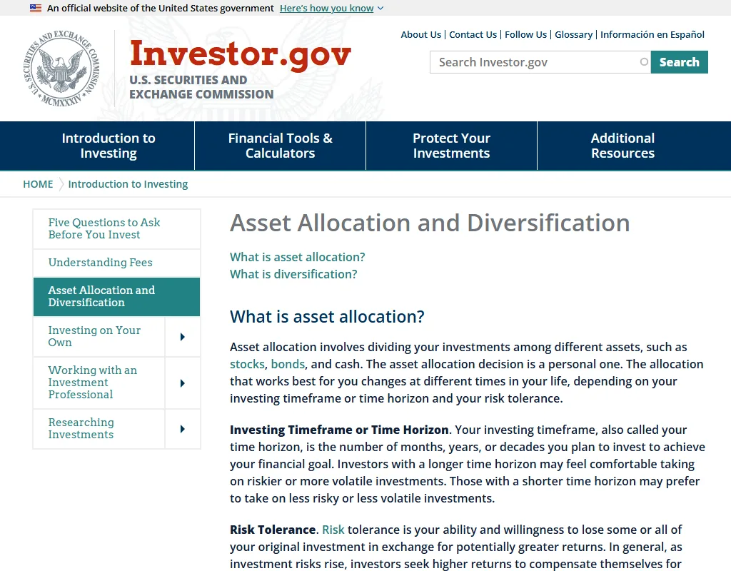 Investor.gov کے Asset Allocation and Diversification صفحے کا اصل ویب اسکرین شاٹ، جس میں allocation کو time horizon اور risk tolerance سے جوڑا گیا ہے