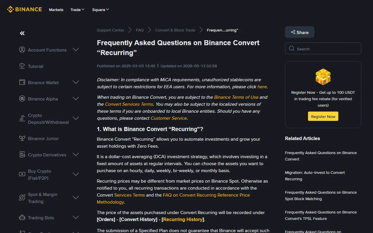 Binance Convert Recurring کے سرکاری FAQ کا حقیقی عوامی ویب صفحہ، جس میں FAQ کا عنوان، 13 مئی 2026 کی update، Zero Fees اور recurring prices کے Spot سے ممکنہ فرق کی وضاحت نظر آ رہی ہے
