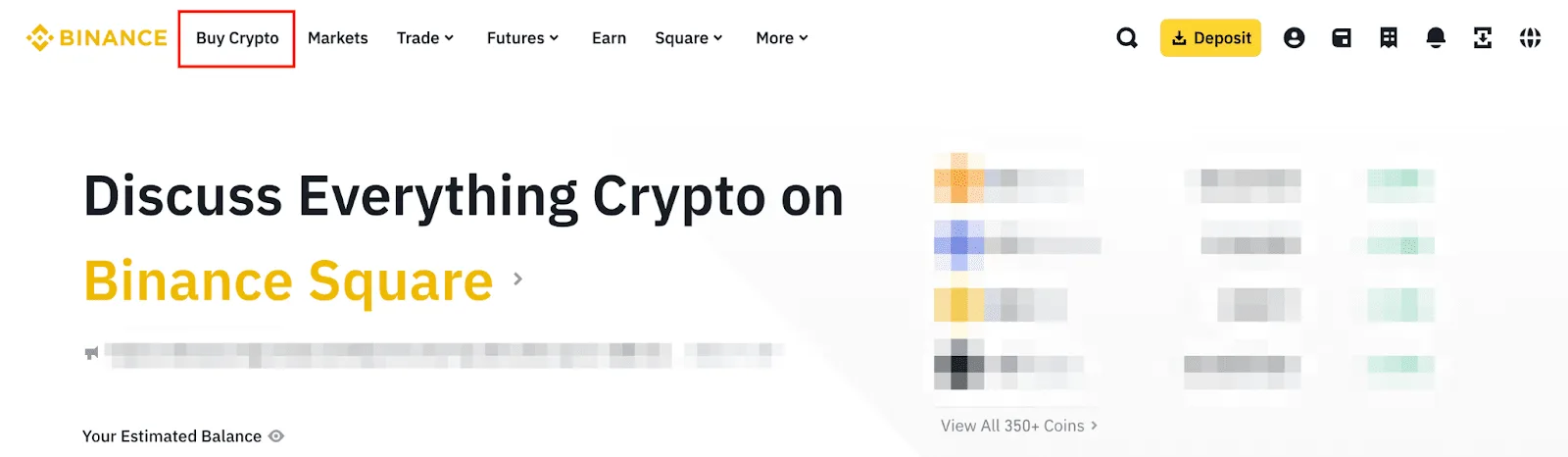 Binance desktop interface میں Buy Crypto tab؛ ذاتی account details دھندلے کیے گئے ہیں