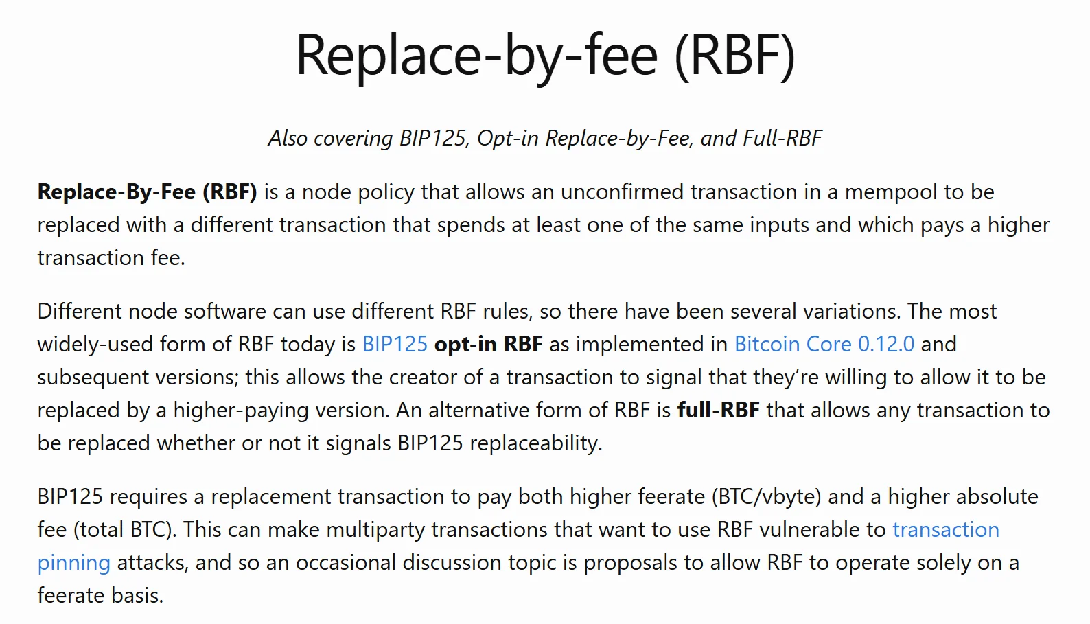 Bitcoin Optech کے Replace-by-fee (RBF) صفحے کا متن: RBF کی تعریف کہ mempool میں موجود غیر مصدقہ ٹرانزیکشن کو ایسی دوسری ٹرانزیکشن سے بدلا جا سکتا ہے جو وہی input خرچ کرے اور زیادہ فیس دے، اور BIP125 کی شرط کہ نئی ٹرانزیکشن feerate اور کل فیس دونوں میں زیادہ ہو