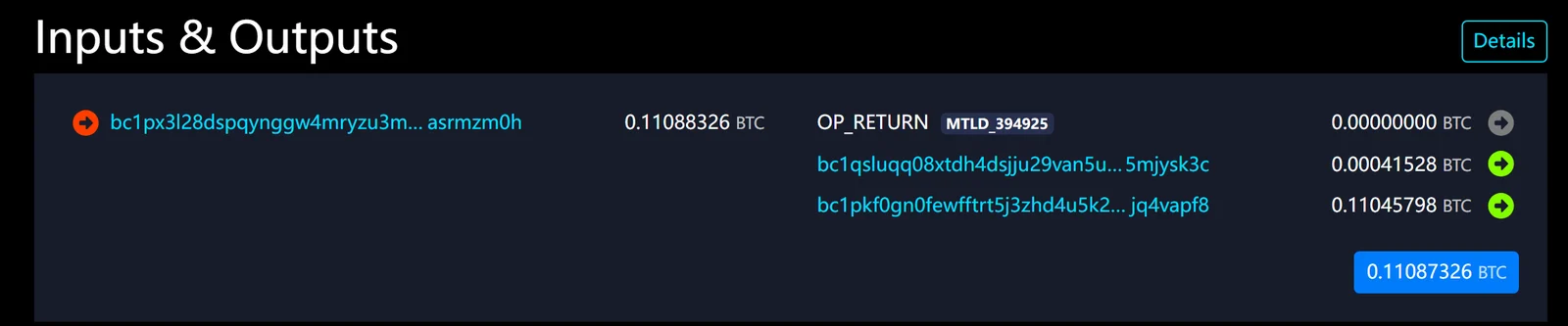 mempool.space پر ایک حقیقی ٹرانزیکشن کا Inputs & Outputs حصہ: بائیں طرف input ایڈریس bc1px3l28… 0.11088326 BTC، دائیں طرف ایک OP_RETURN، ایک bc1qsluqq08… کو 0.00041528 BTC اور ایک bc1pkf0gn0f… کو 0.11045798 BTC