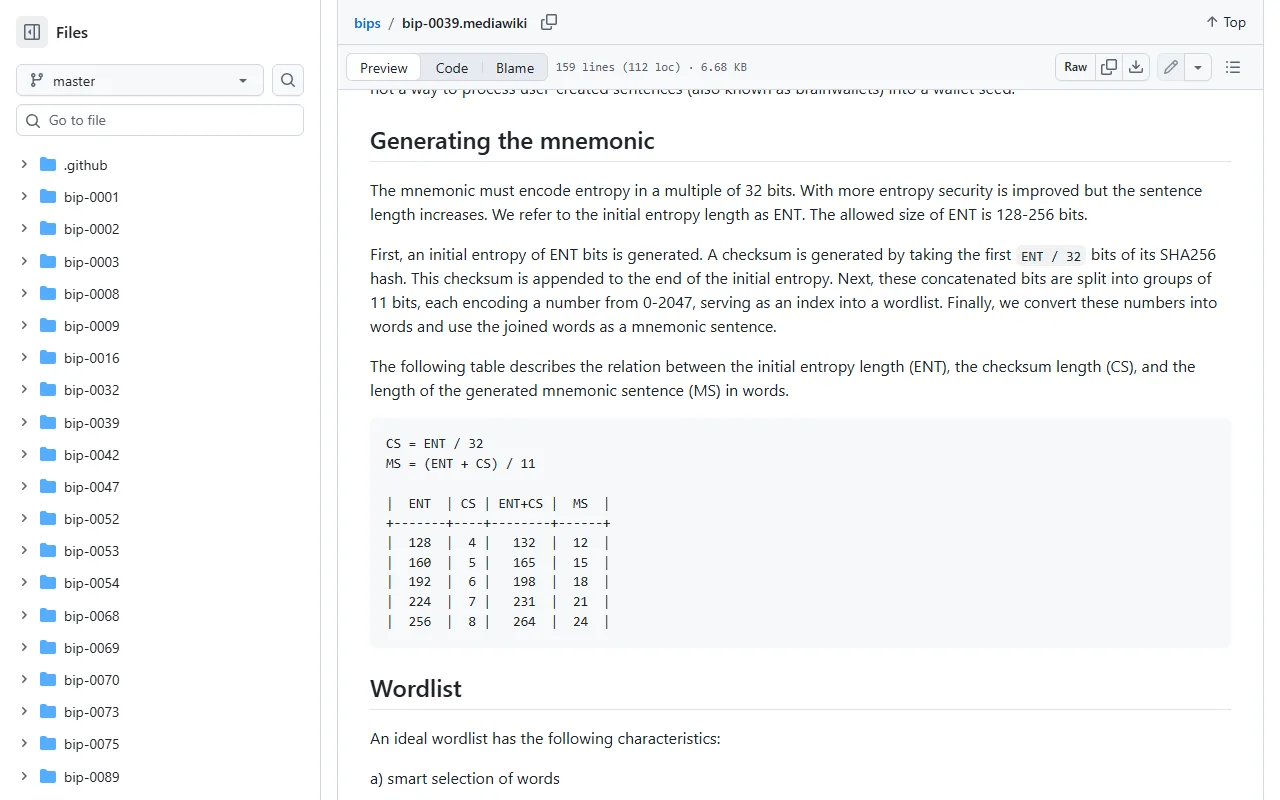 Bitcoin BIP39 specification کے اصل GitHub صفحے کا اسکرین شاٹ، جس میں mnemonic generation اور 12، 15، 18، 21، 24 الفاظ کی جدول دکھائی گئی ہے