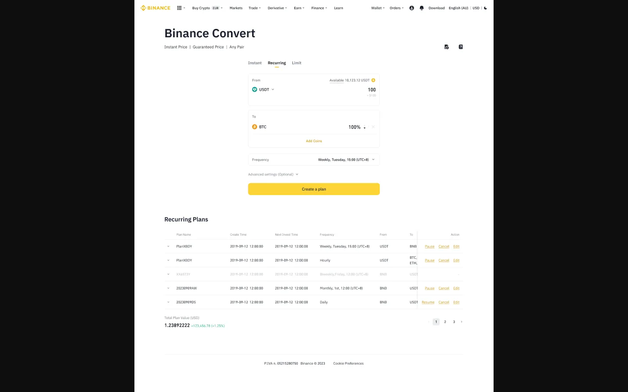 Binance کے سرکاری FAQ میں موجود Convert Recurring کا حقیقی public interface، BTC کو 100 فیصد منتخب کرتے ہوئے