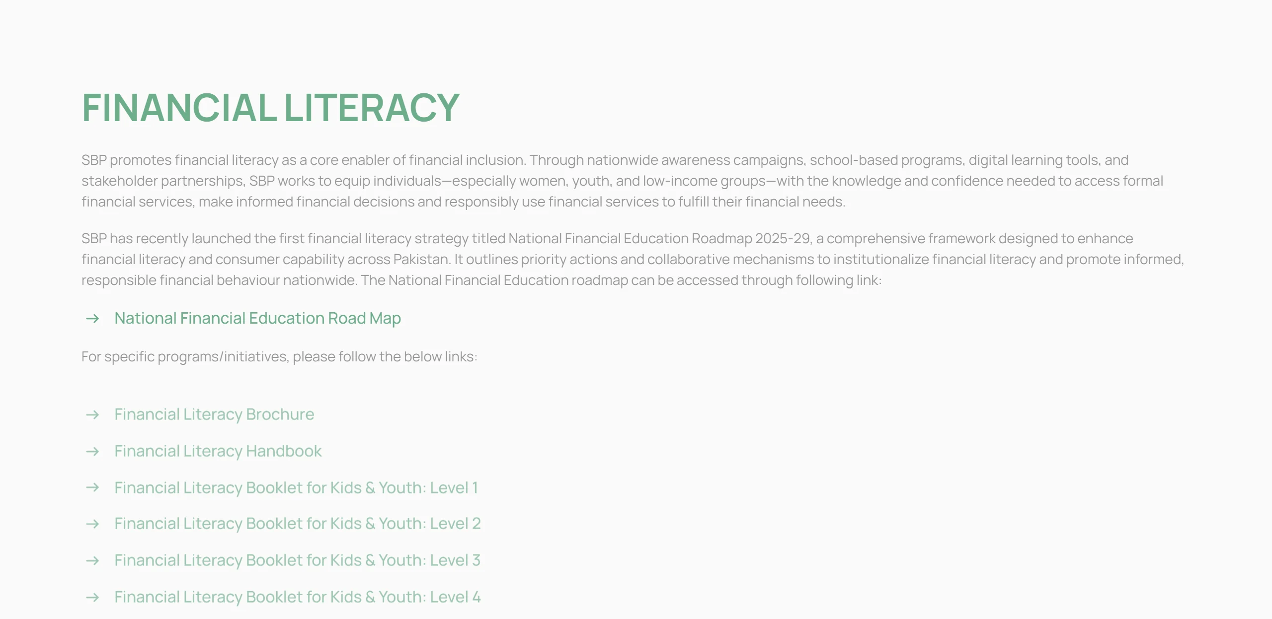 اسٹیٹ بینک آف پاکستان کے Financial Inclusion صفحے کے Financial Literacy حصے کا اصل ویب اسکرین شاٹ، جس میں National Financial Education Roadmap 2025-29 اور مالی تعلیم کے سرکاری کتابچوں کے لنکس دکھائی دیتے ہیں