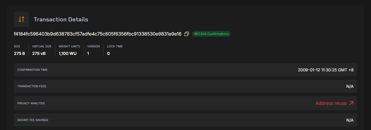 ایک عوامی block explorer پر بٹ کوائن ٹرانزیکشن کا صفحہ: TxID، confirmations کی تعداد، confirmation time اور ٹرانزیکشن کا حجم