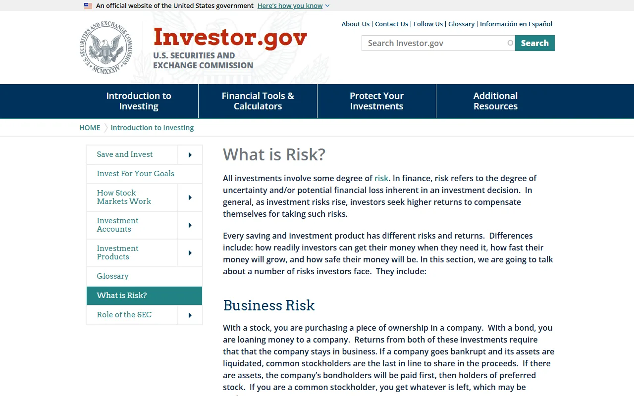 Investor.gov کے What is Risk? صفحے کا اصل ویب اسکرین شاٹ، جس میں investment risk کو uncertainty اور ممکنہ مالی نقصان کے طور پر بیان کیا گیا ہے