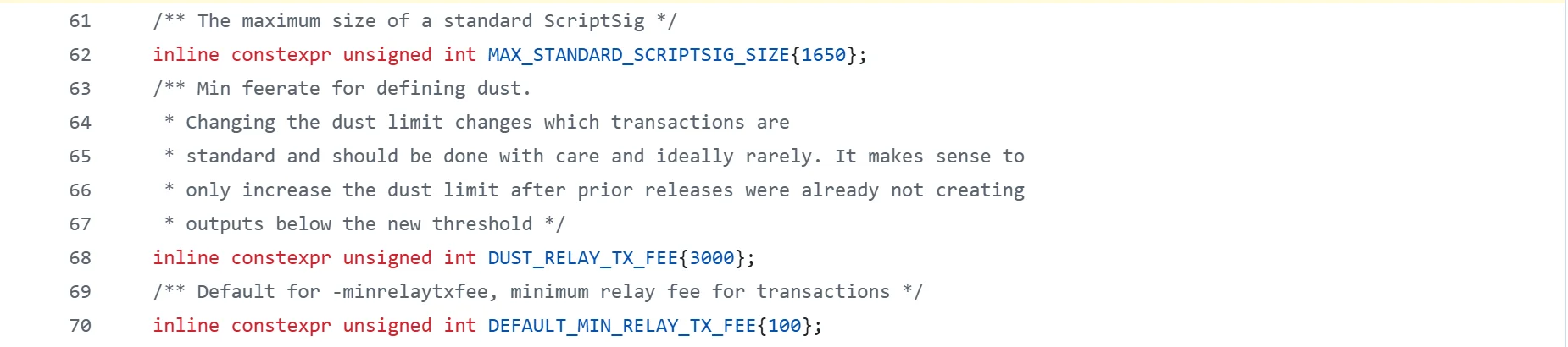 Bitcoin Core سورس فائل policy.h کی لائن 63 سے 70: DUST_RELAY_TX_FEE کی قیمت 3000 اور DEFAULT_MIN_RELAY_TX_FEE کی قیمت 100