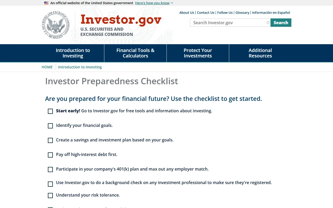Investor.gov کے Investor Preparedness Checklist کا اصل ویب اسکرین شاٹ، جس میں financial goals، savings plan، high-interest debt اور risk tolerance کی جانچیں دکھائی گئی ہیں