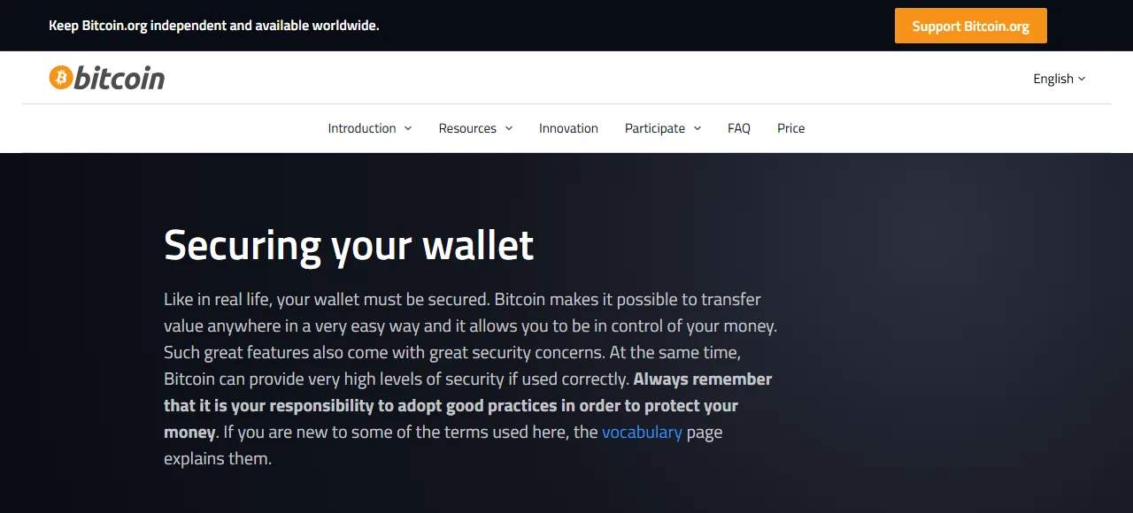 Bitcoin.org کے Securing your wallet صفحے کا اصل ویب اسکرین شاٹ، جس میں wallet security اور اپنے funds کی حفاظت کی ذاتی ذمہ داری واضح کی گئی ہے