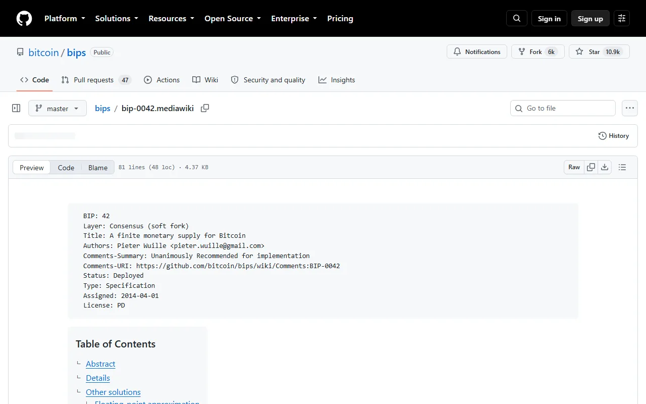 GitHub پر Bitcoin BIP-42 کے اصل صفحے کا اسکرین شاٹ، جہاں محدود Bitcoin supply کی specification دکھائی گئی ہے