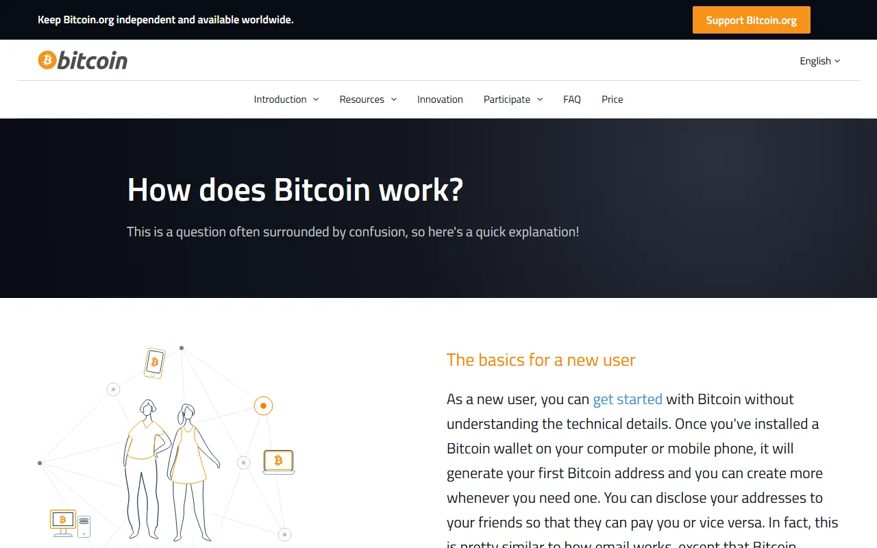 Bitcoin.org کے “How does Bitcoin work?” صفحے کا اصل اسکرین شاٹ، جس میں نئے صارف کے لیے نیٹ ورک اور والیٹ کی بنیادی وضاحت دکھائی گئی ہے