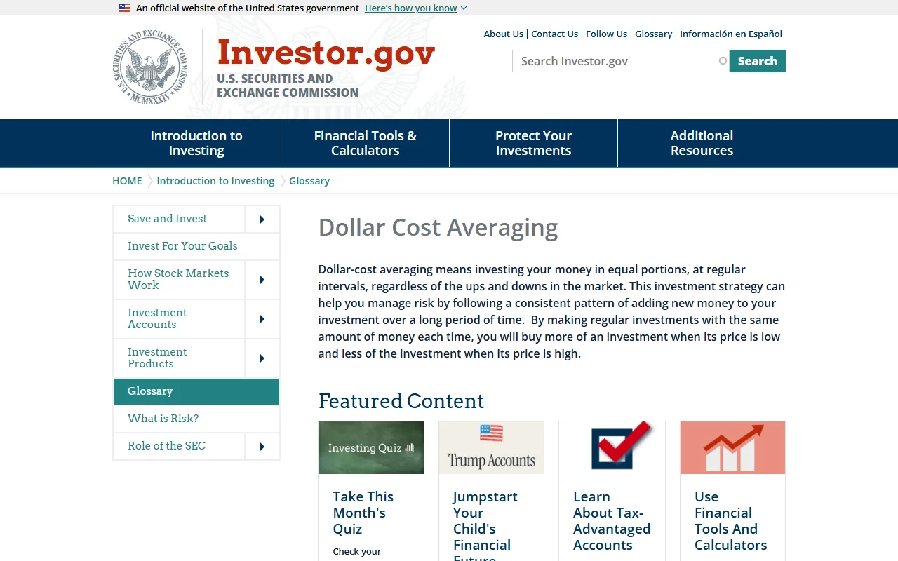Investor.gov کے Dollar Cost Averaging glossary صفحے کا اصل اسکرین شاٹ، جس میں برابر رقم باقاعدہ وقفوں سے لگانے کی تعریف دکھائی گئی ہے